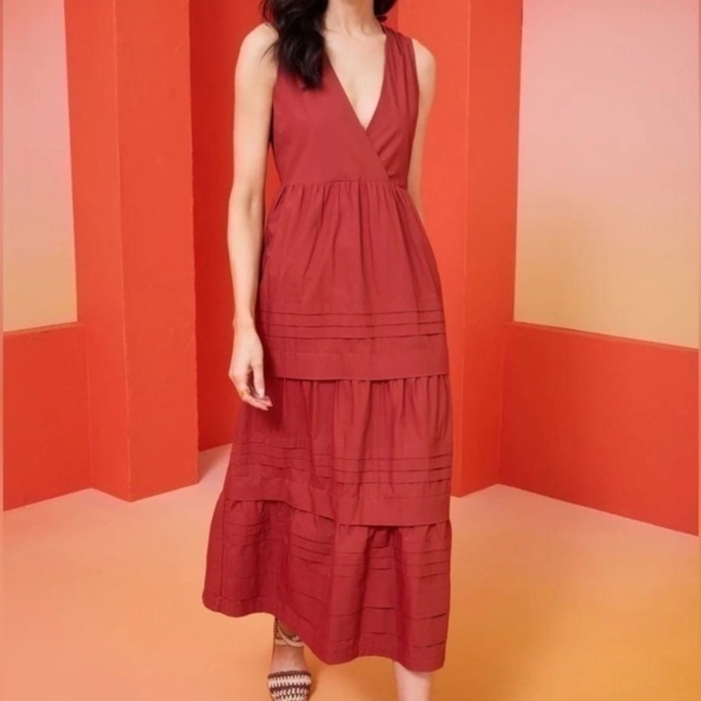 ✅ Marie Oliver Dress Gabbie Midi Tiered V Neck in Clay Brick Red